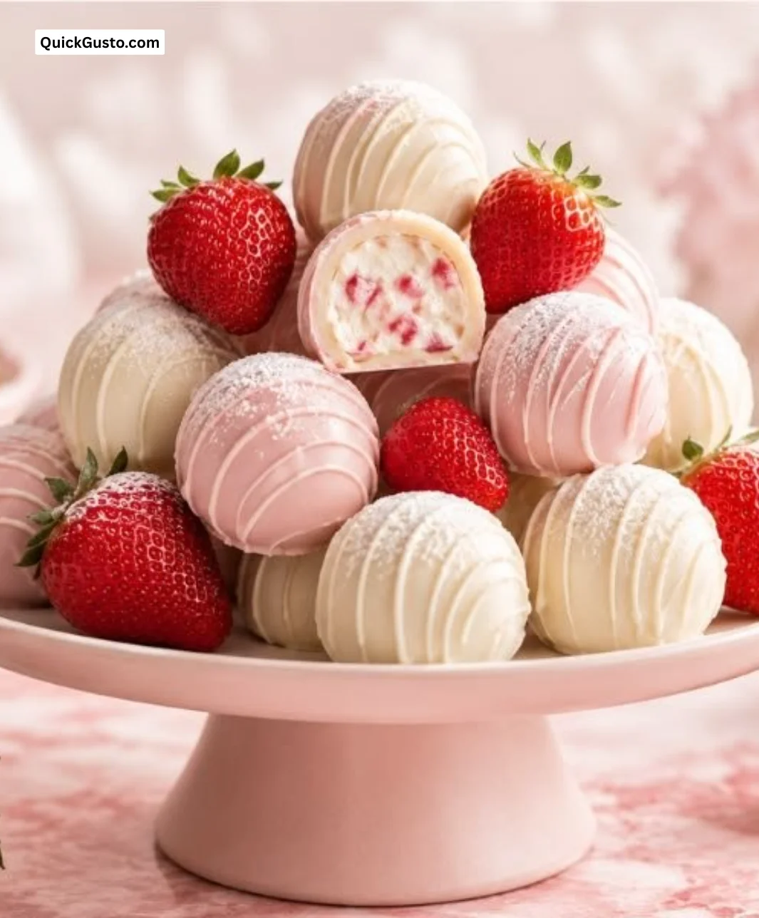 Strawberry Cheesecake Truffles garnished with fresh strawberries and chocolate