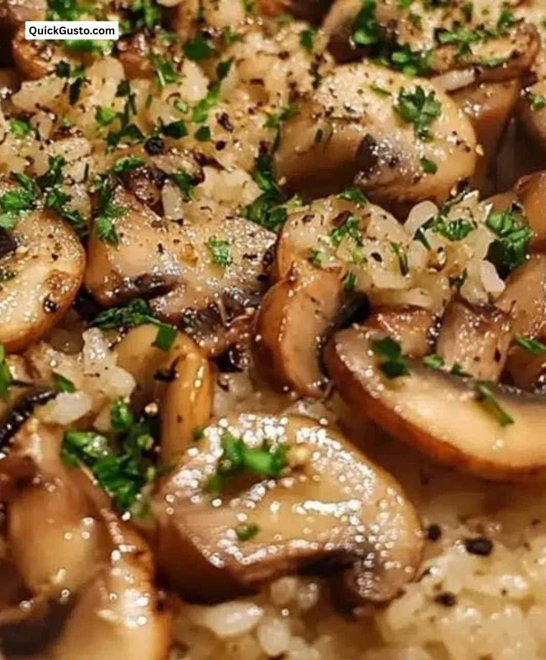 20-minute garlic butter mushroom rice skillet dish garnished with herbs