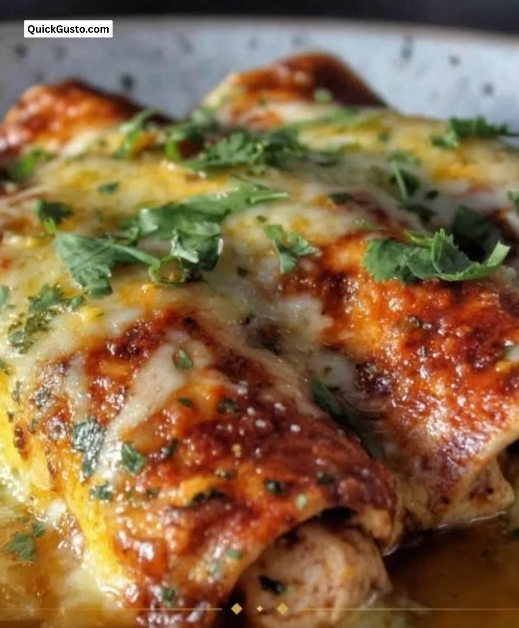Baked chicken enchiladas smothered in cheesy sauce, garnished with cilantro