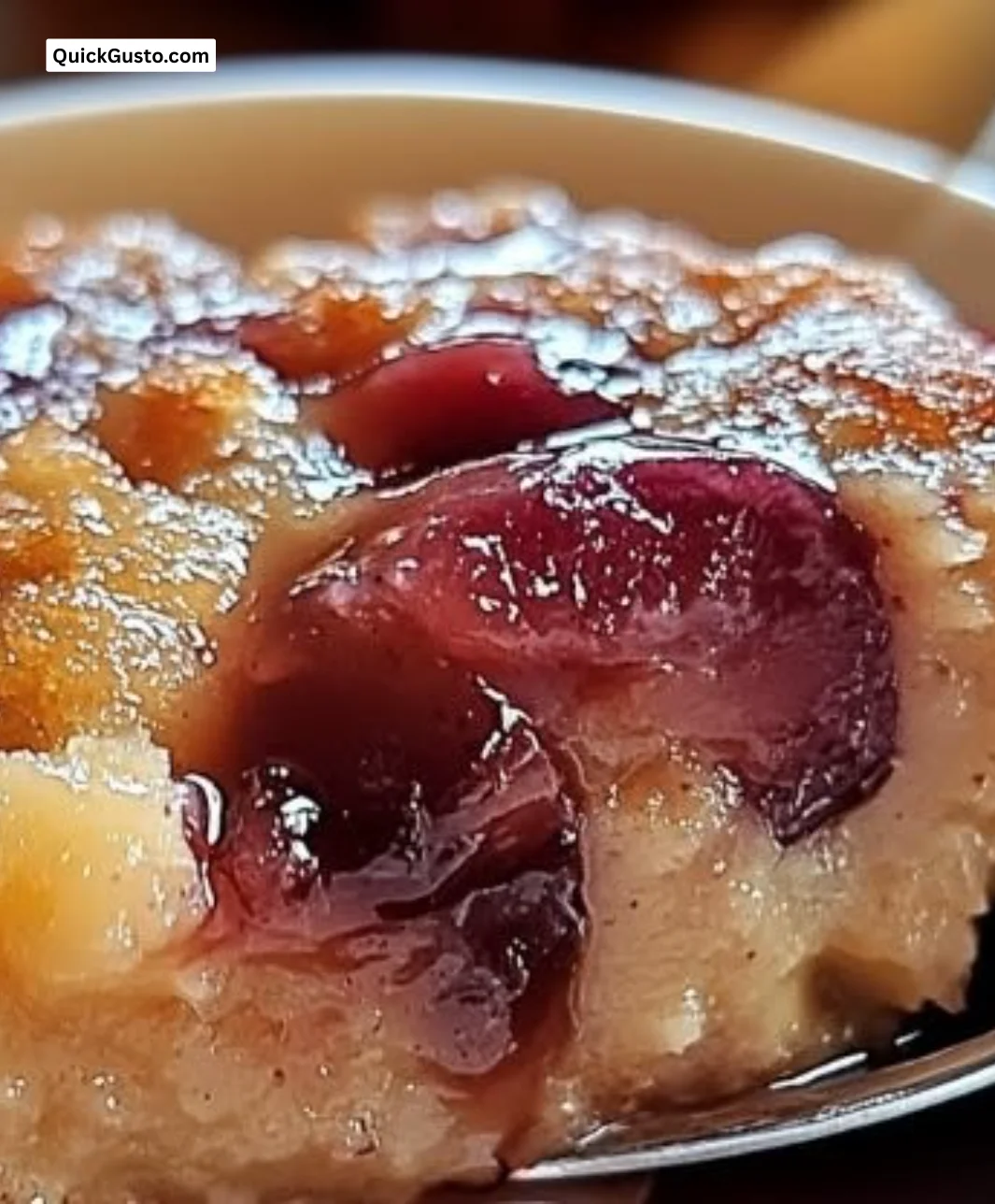 Baked sticky rhubarb pudding served warm with a scoop of vanilla ice cream.