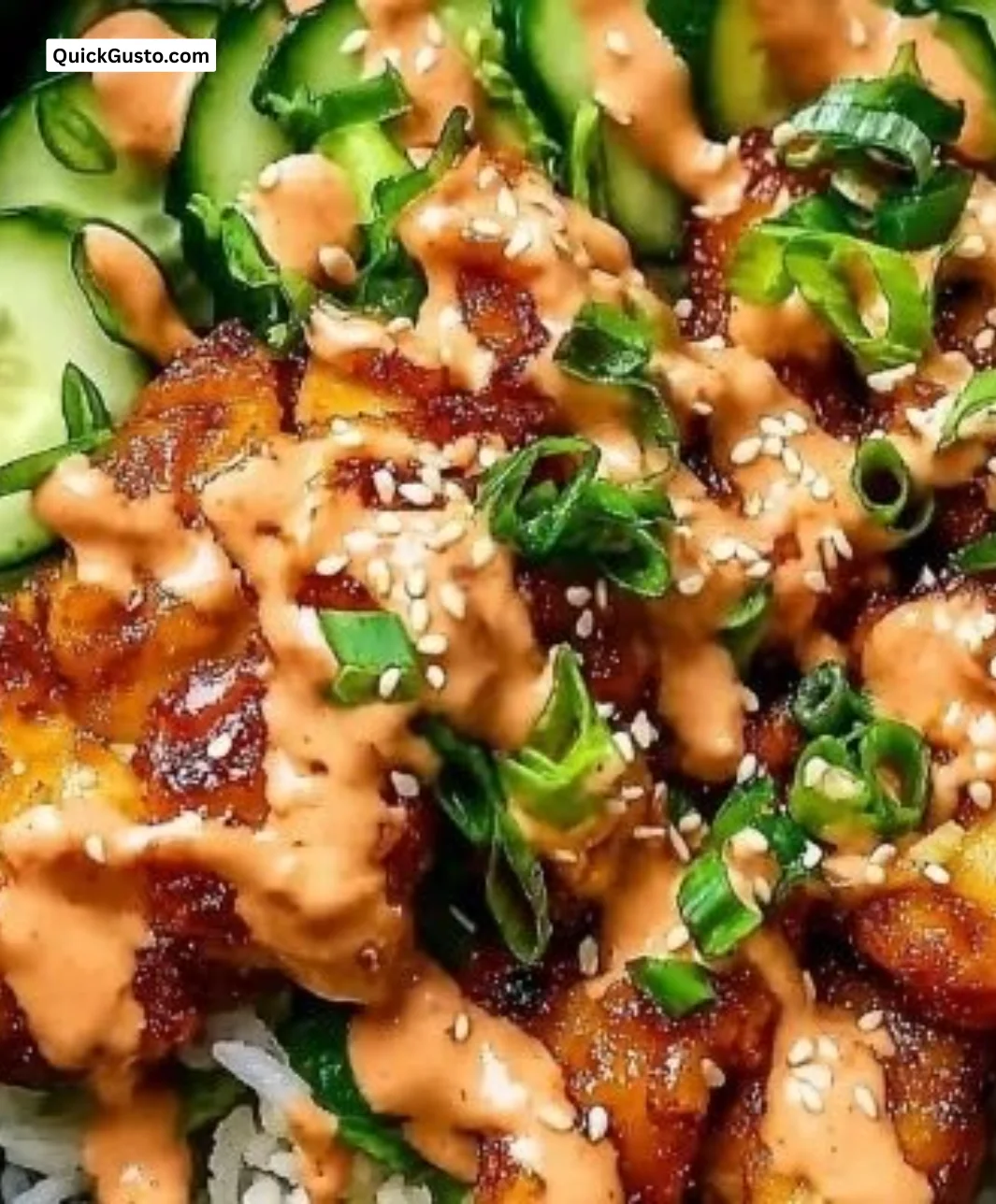 Delicious Bang Bang Chicken Bowl with crispy chicken and savory sauce