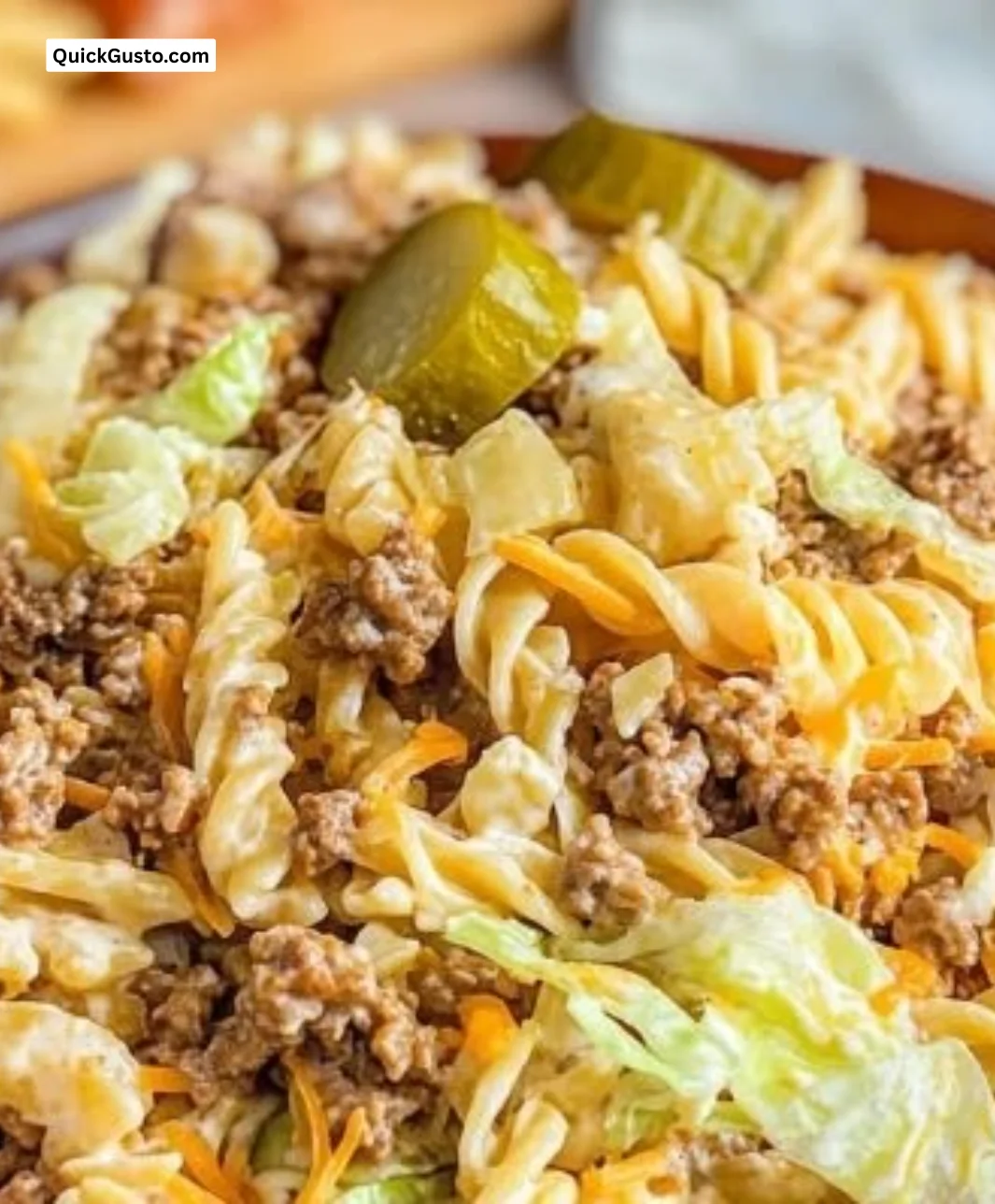 Delicious Big Mac Pasta Salad with burger-inspired ingredients.