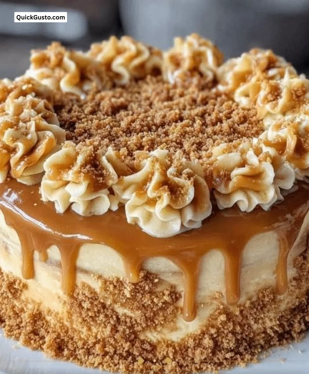 Deliciously layered Biscoff Cake with caramel drizzle and cookie crumbs