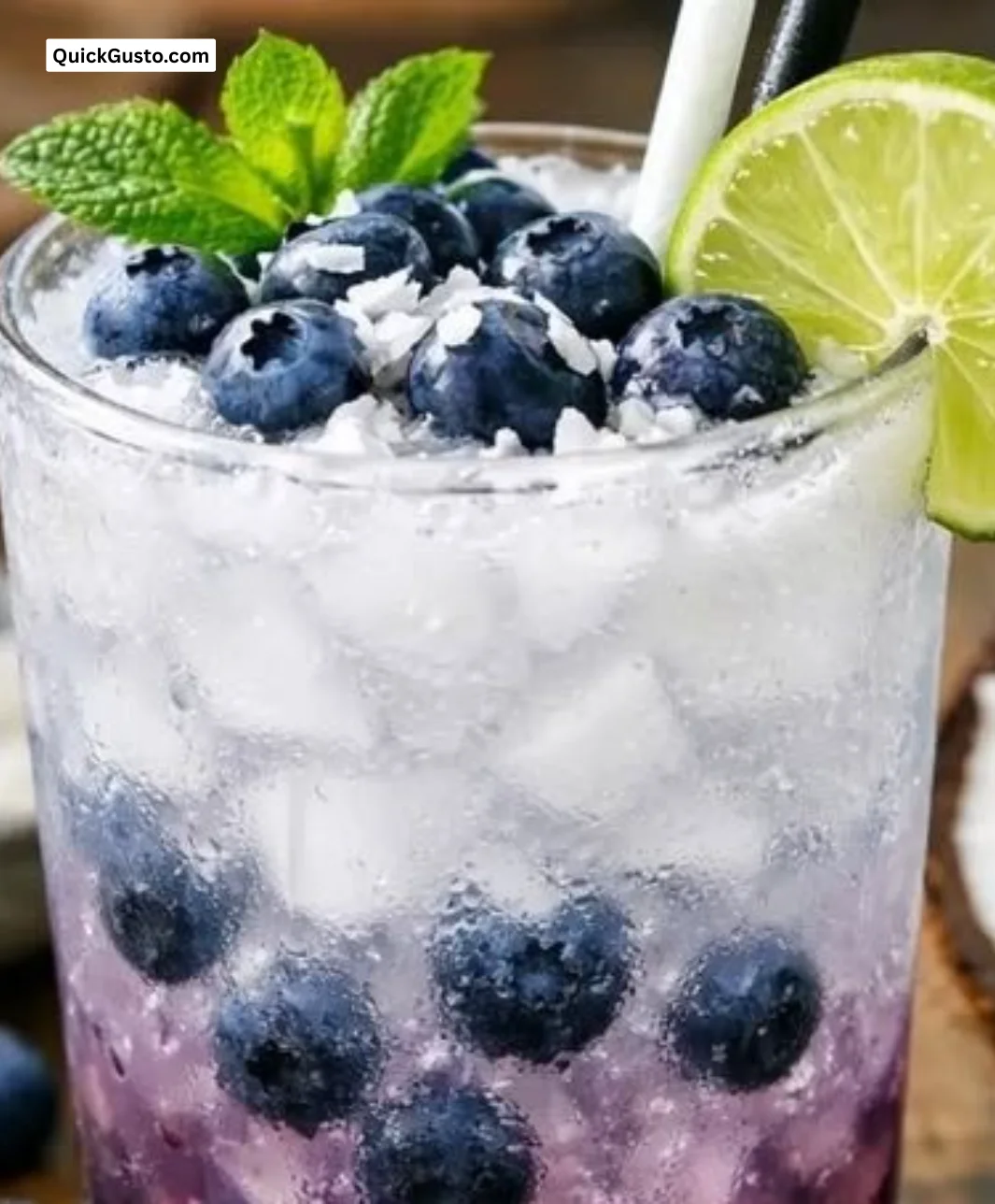 Blueberry Coconut Mocktail in a glass with fresh blueberries and coconut slices