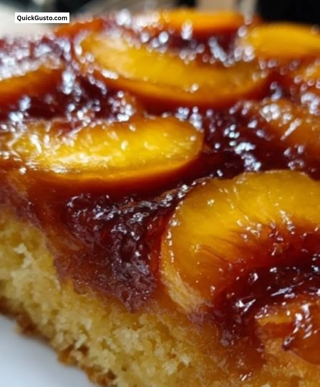 Brown Sugar Peach Upside Down Cake with caramelized peaches and a moist texture