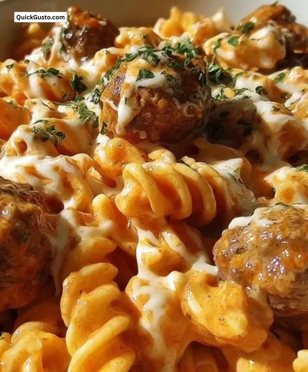 Buffalo Ranch Meatball Pasta served in a bowl with garnishes