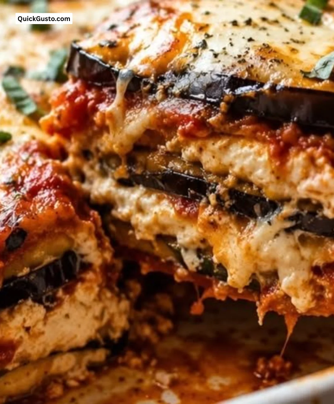 Cheesy eggplant lasagna layers with cheese and fresh eggplant