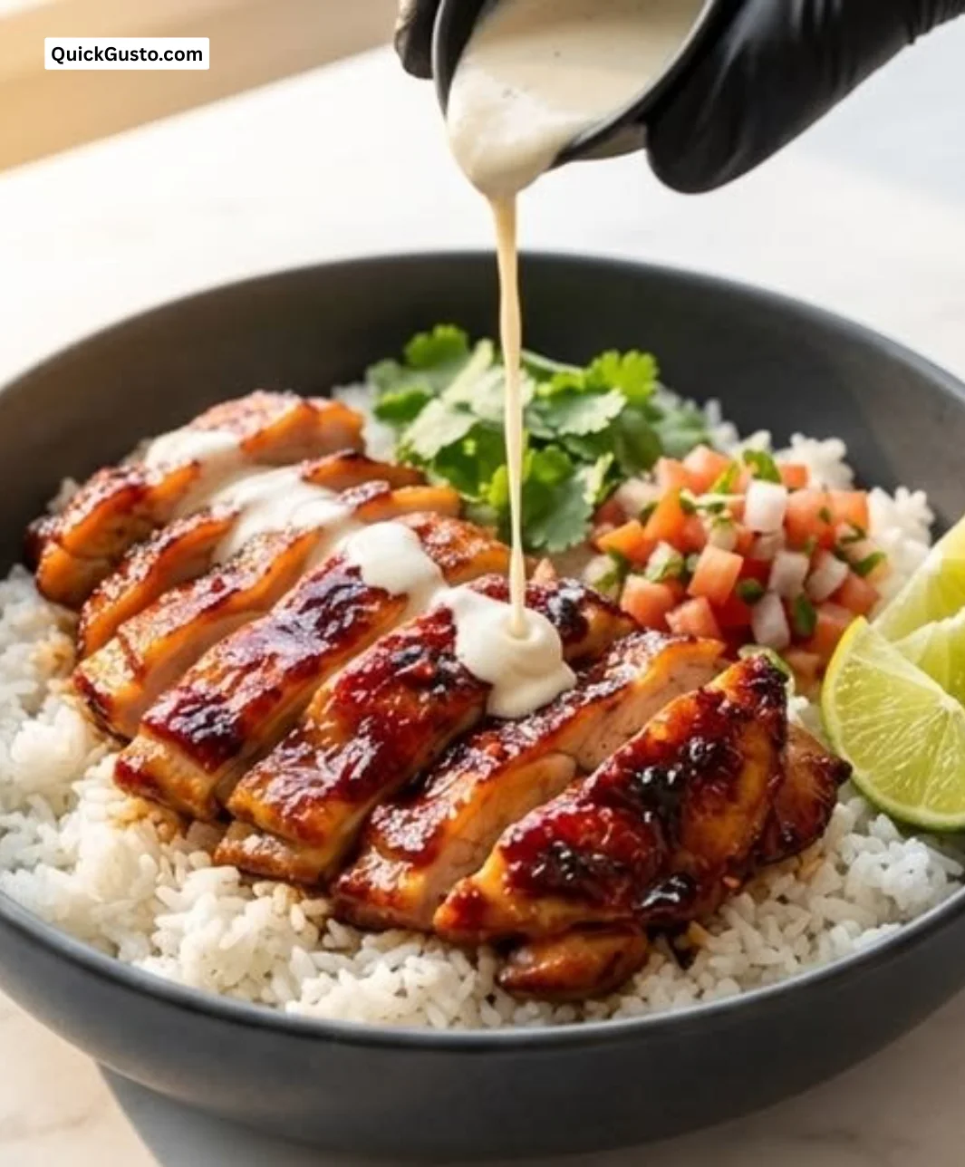 Chili Chicken Bowl with Coconut Lime Drizzle, highlighting vibrant ingredients and presentation