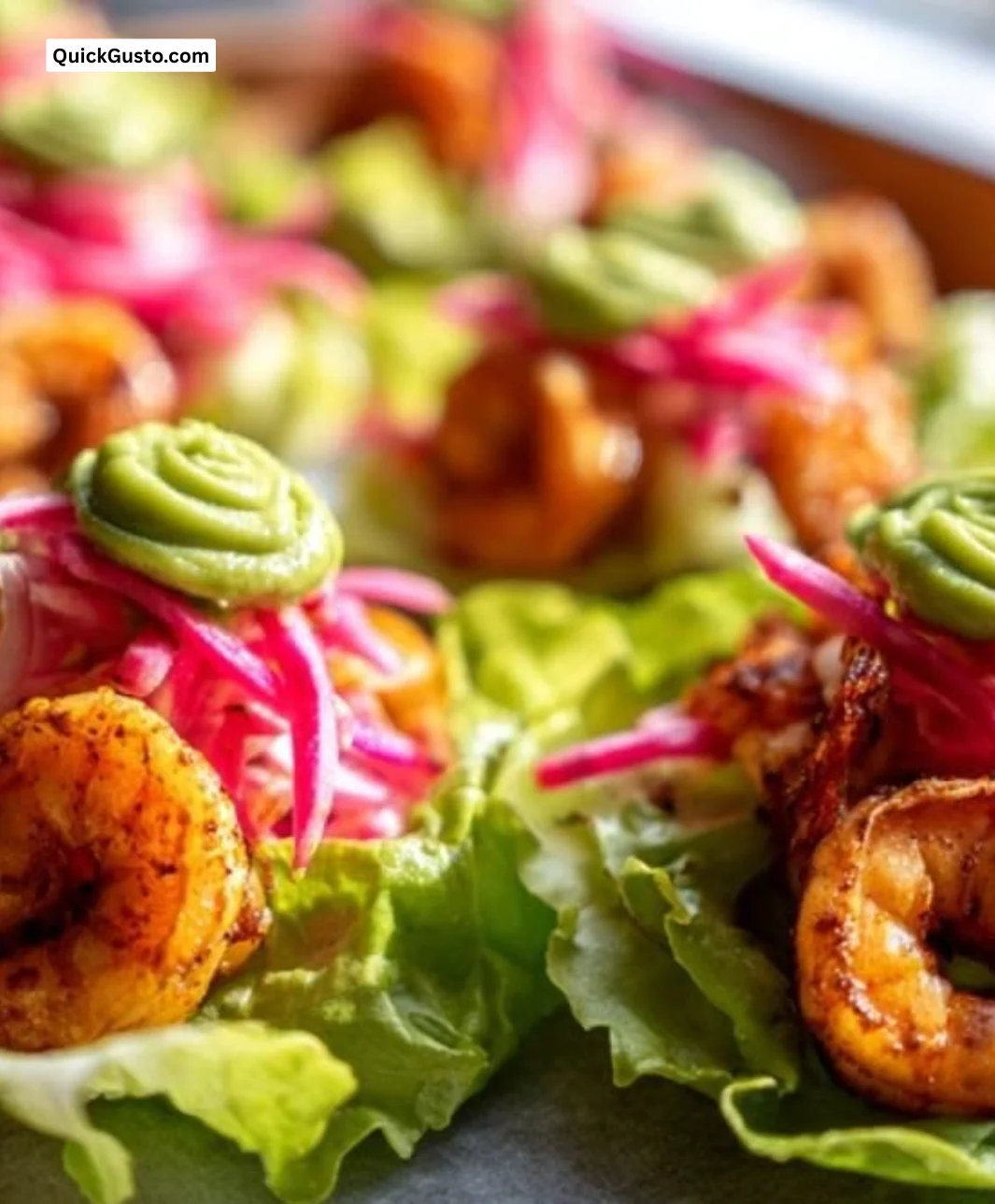 Chili-Lime Shrimp served with radish slaw and avocado Sriracha crema