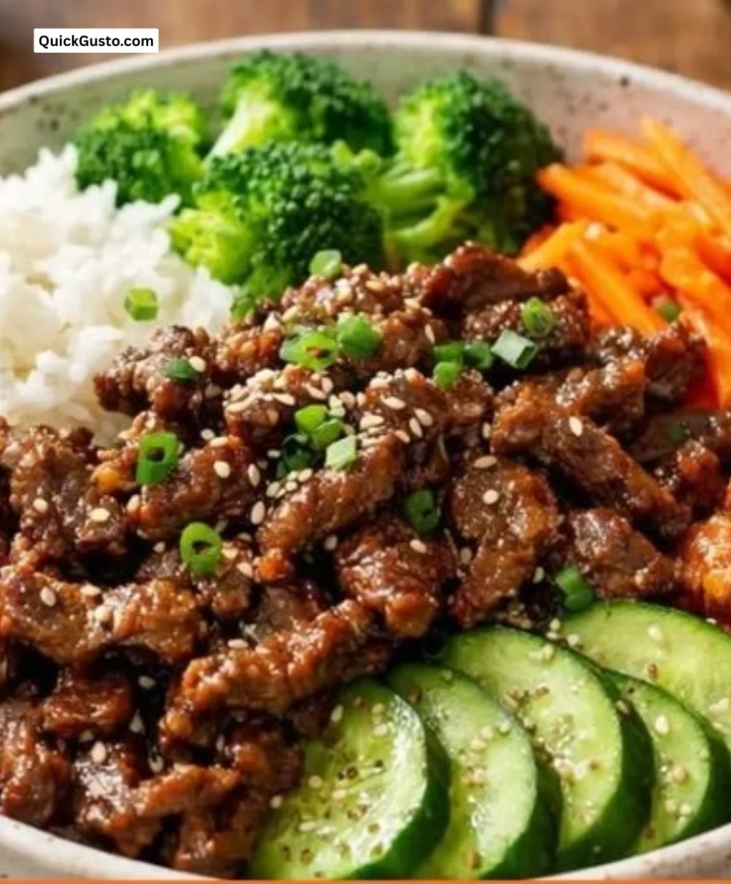 Classic Beef Bulgogi Bowl garnished with vegetables and served in a bowl