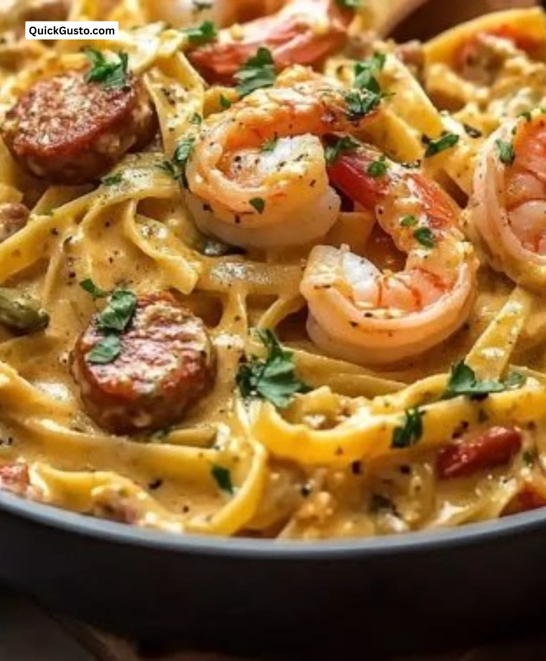 A bowl of creamy jambalaya pasta garnished with parsley and fresh herbs.