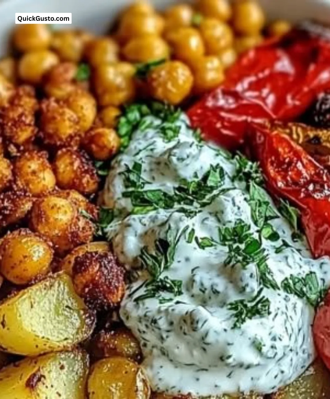 Plate of Mediterranean roasted vegetables with creamy tzatziki sauce