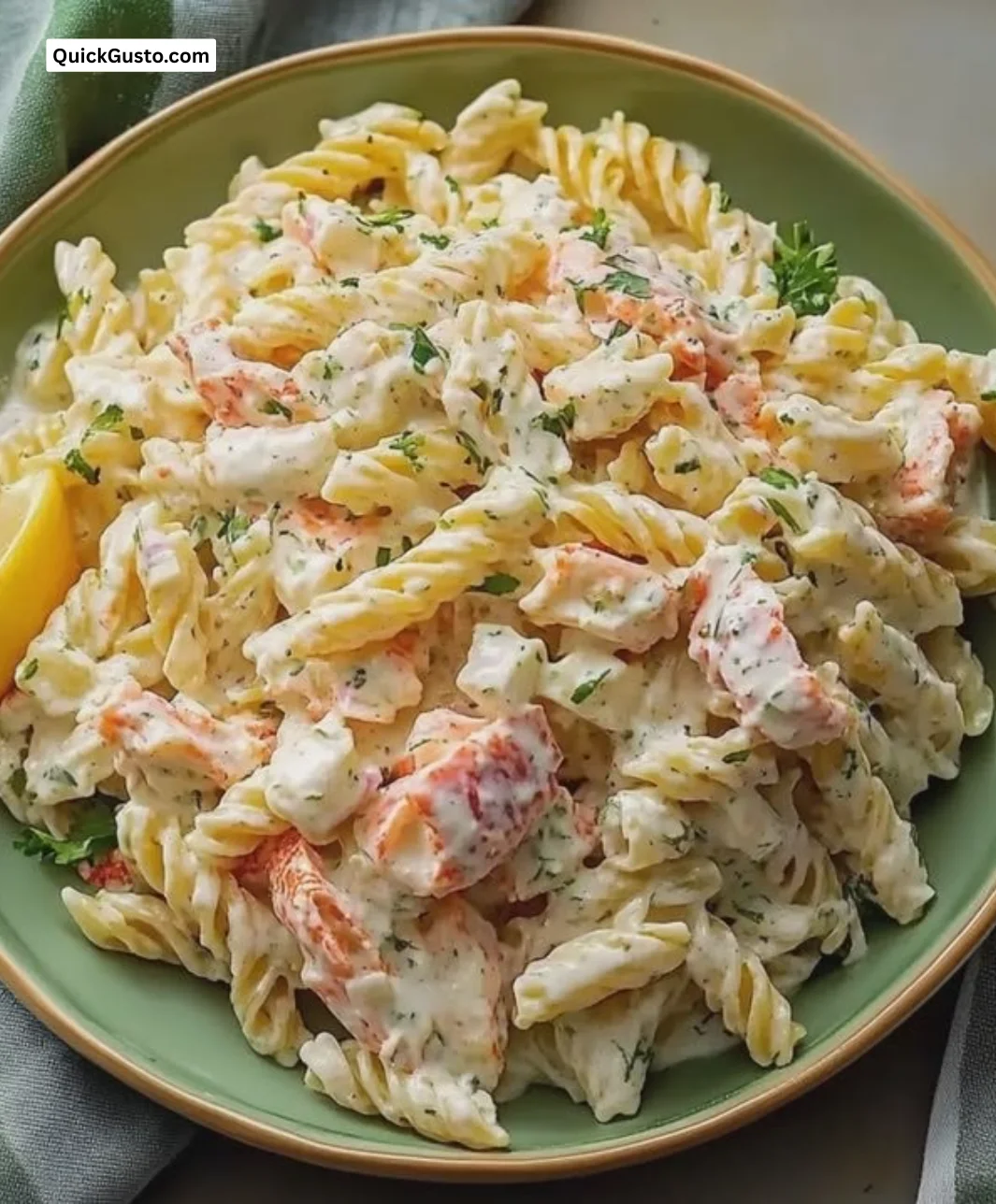 Delicious Crab Pasta Salad with Ranch dressing in a bowl, ready to serve.