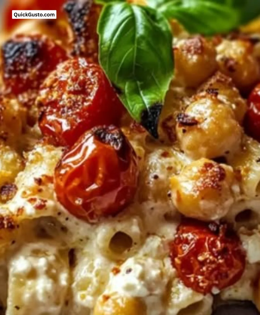 Creamy baked feta pasta with chickpeas served in a cozy bowl