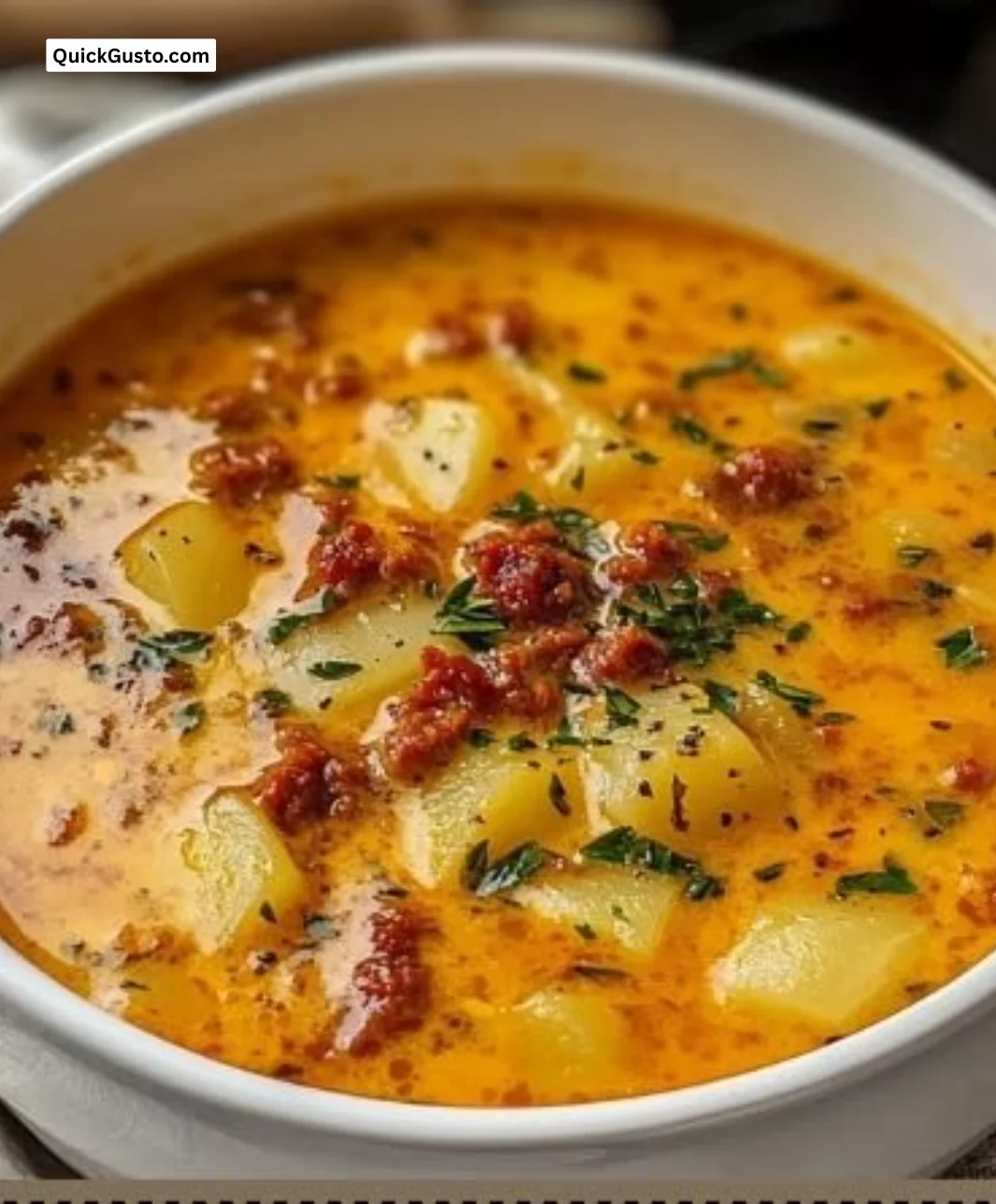Bowl of creamy chorizo potato soup garnished with herbs and spices