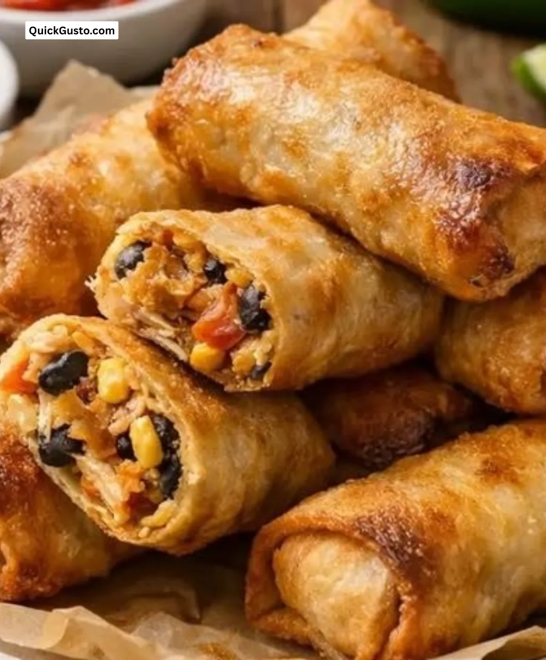Crispy Mexican chicken egg rolls served with dipping sauce