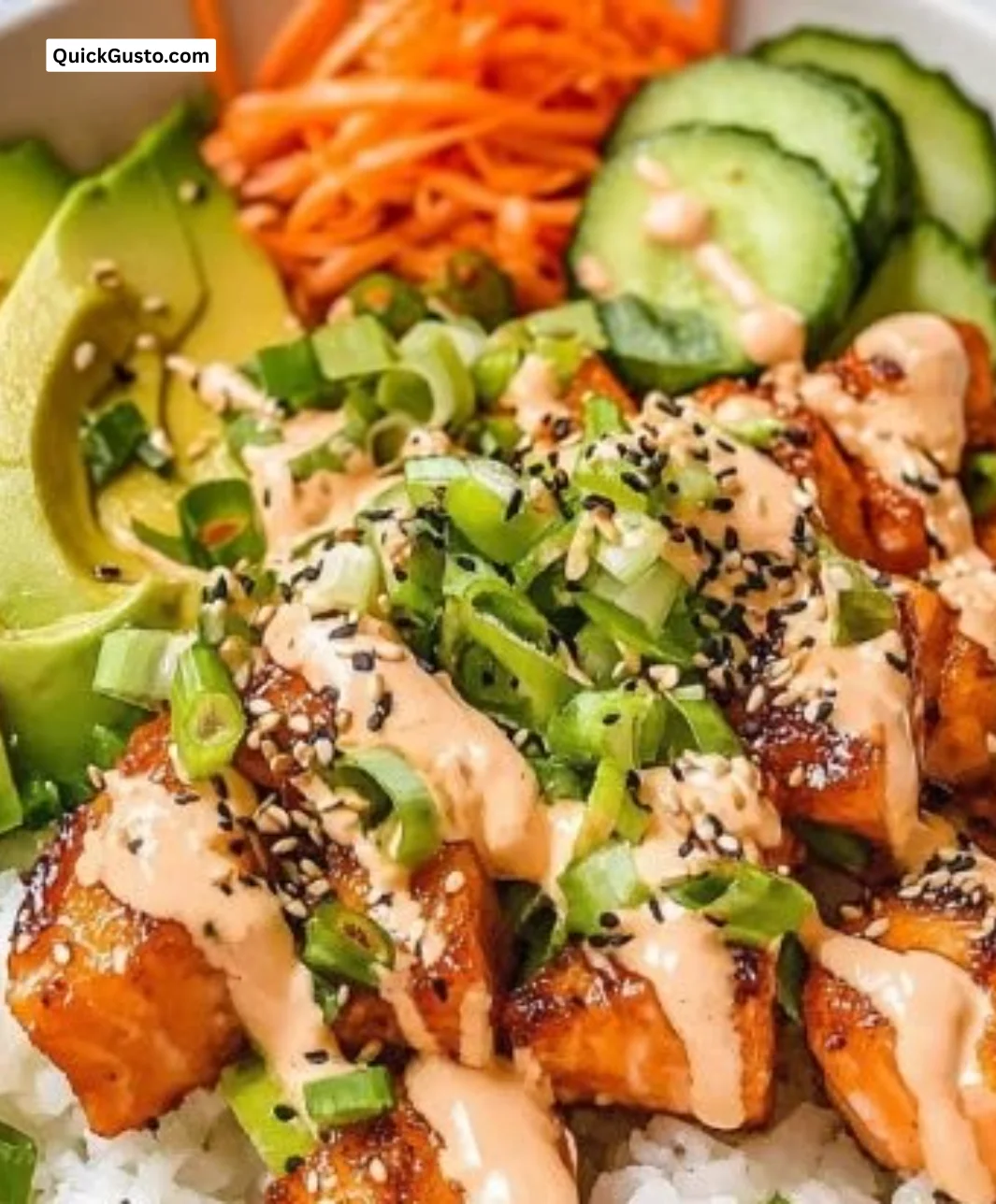 Delicious crispy salmon bowls with fresh vegetables and grains.