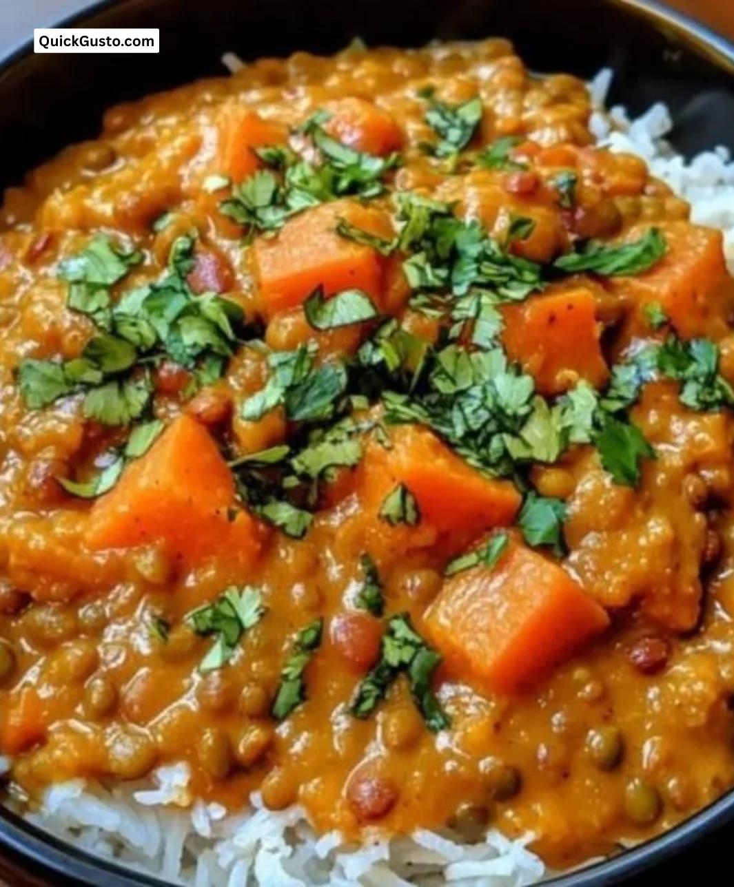 Crockpot coconut sweet potato lentil curry served in a bowl