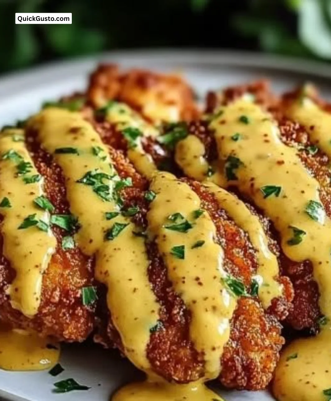 Crunchy Pretzel Chicken served with creamy mustard-cheddar sauce