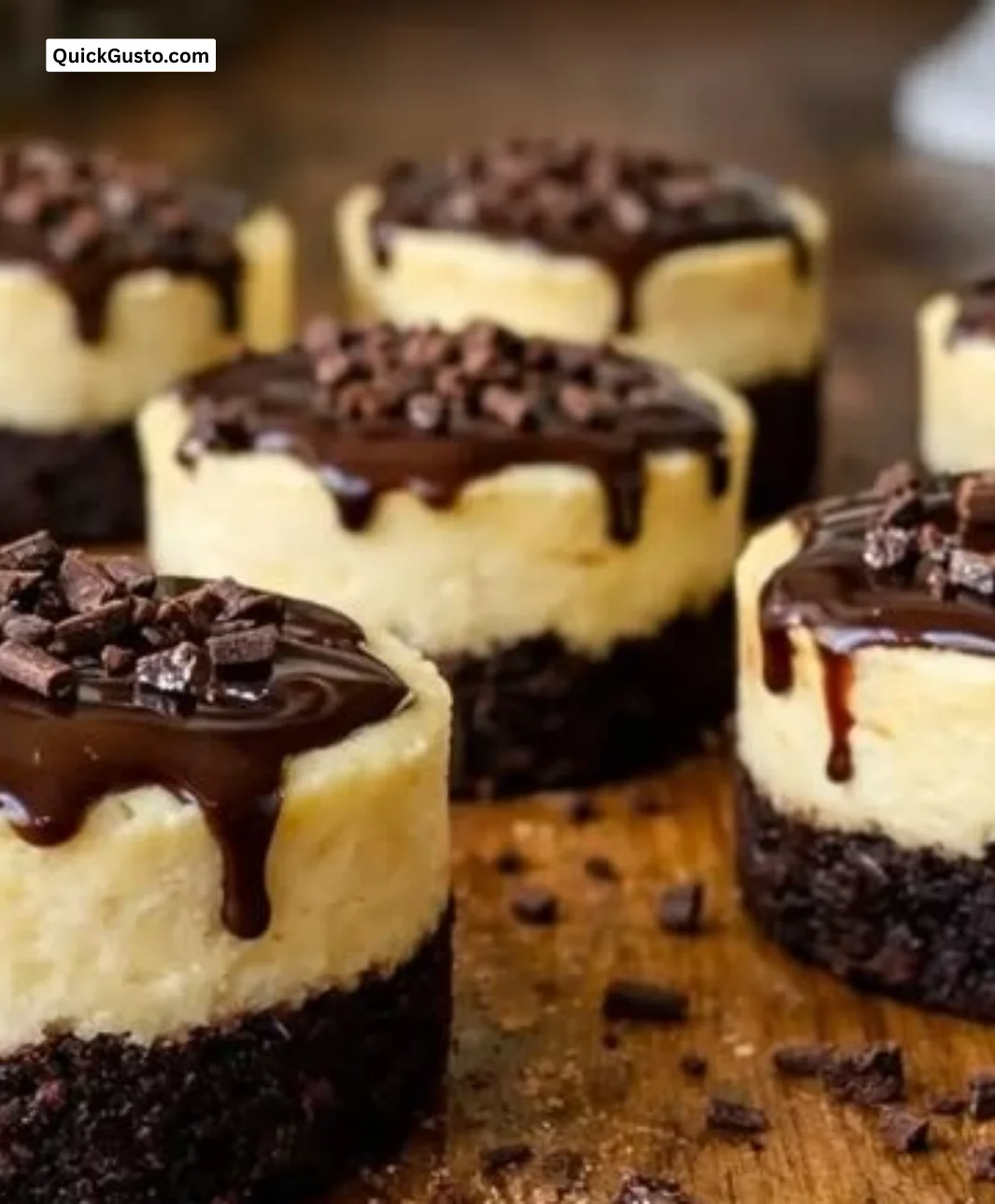 Decadent brownie bottom mini cheesecakes topped with chocolate and creamy cheesecake.
