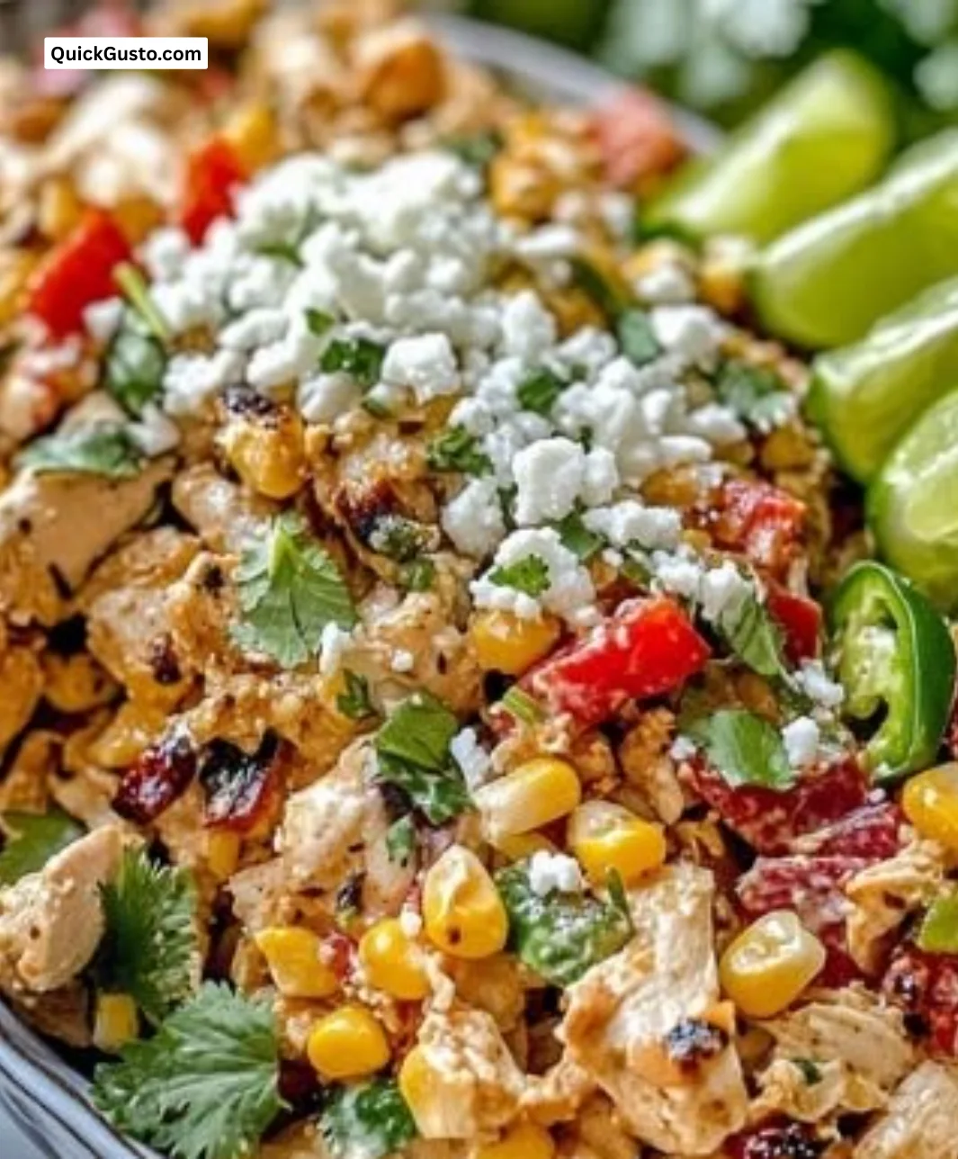 Healthy street corn-inspired chicken salad served in a bowl with fresh ingredients