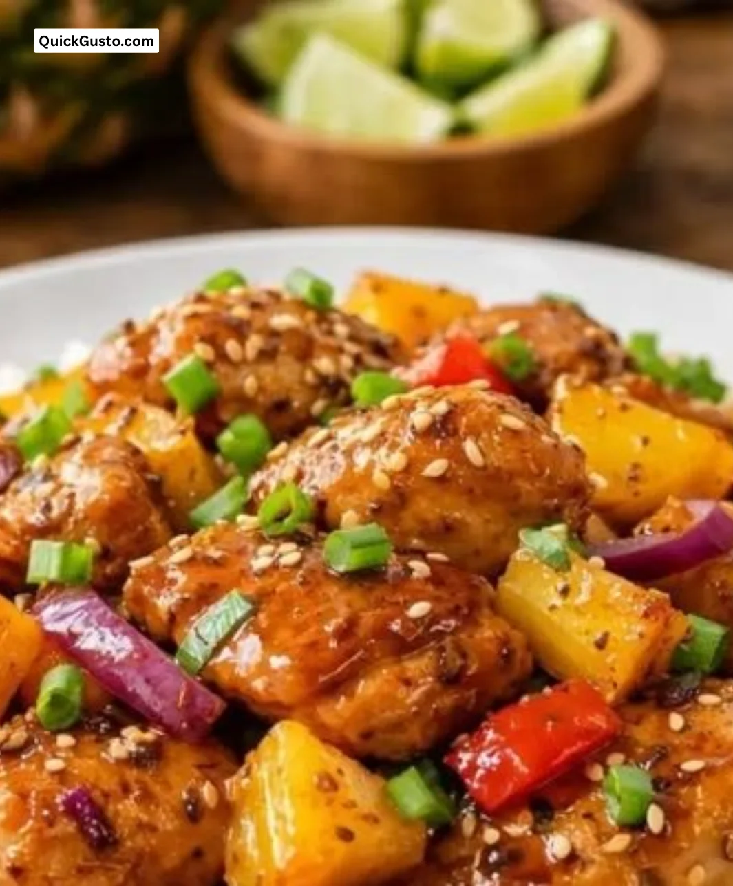 Plate of Easy Tropical Island Chicken garnished with fresh herbs and tropical fruits