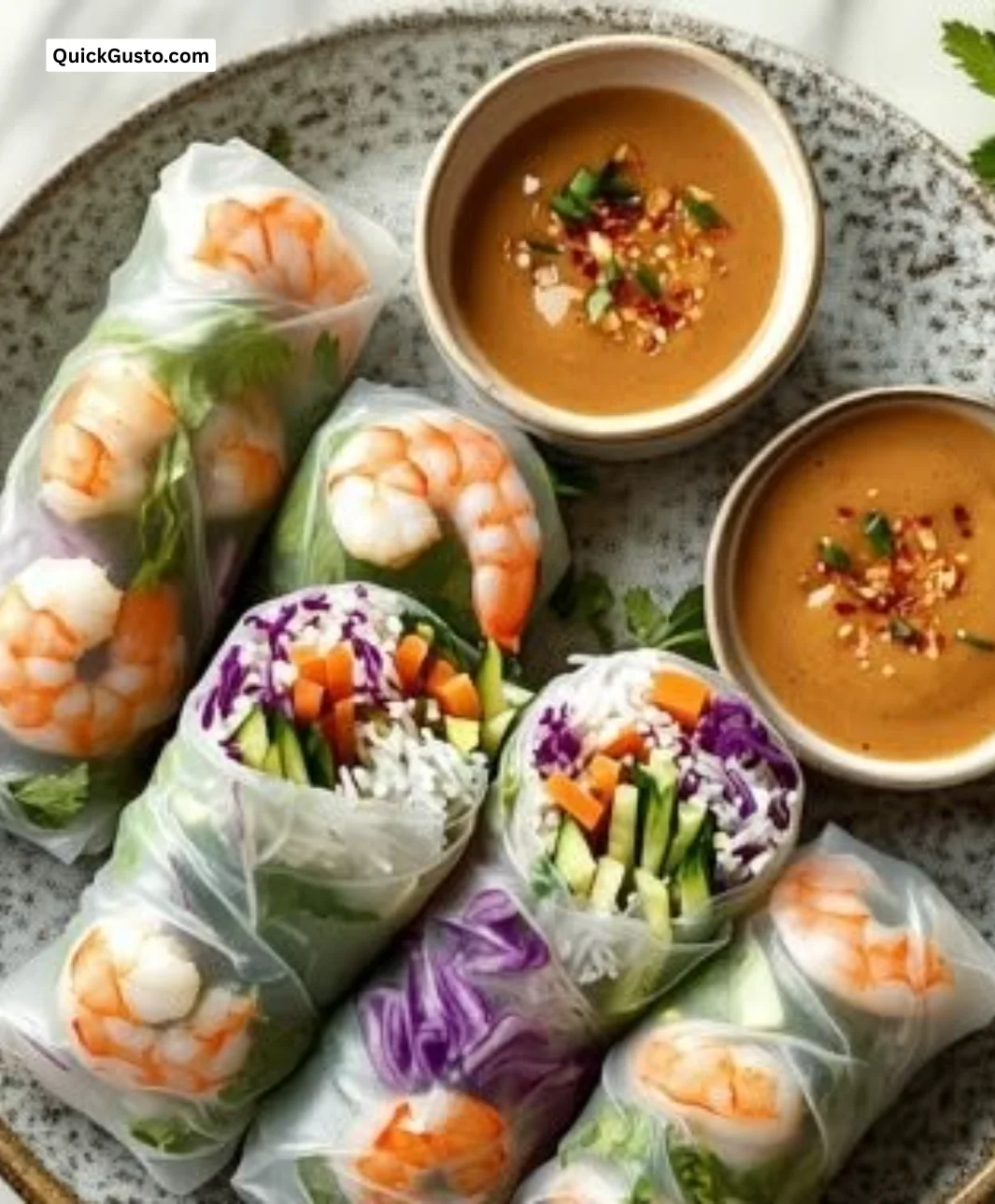 Plate of fresh shrimp spring rolls with dipping sauce