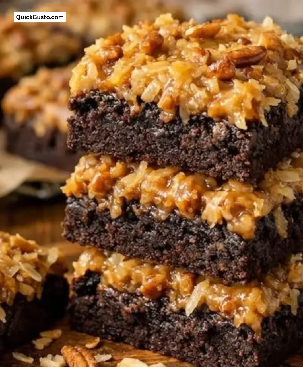 Decadent German Chocolate Brownies topped with coconut and pecans
