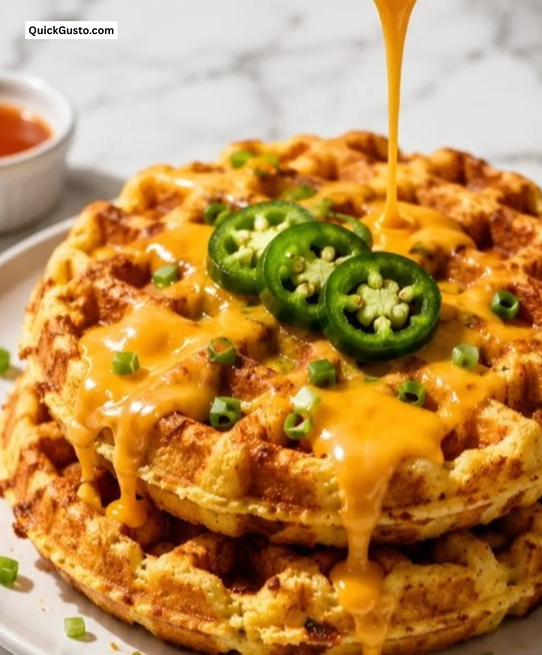 Golden cornbread waffles with crispy edges served on a plate, perfect for breakfast.