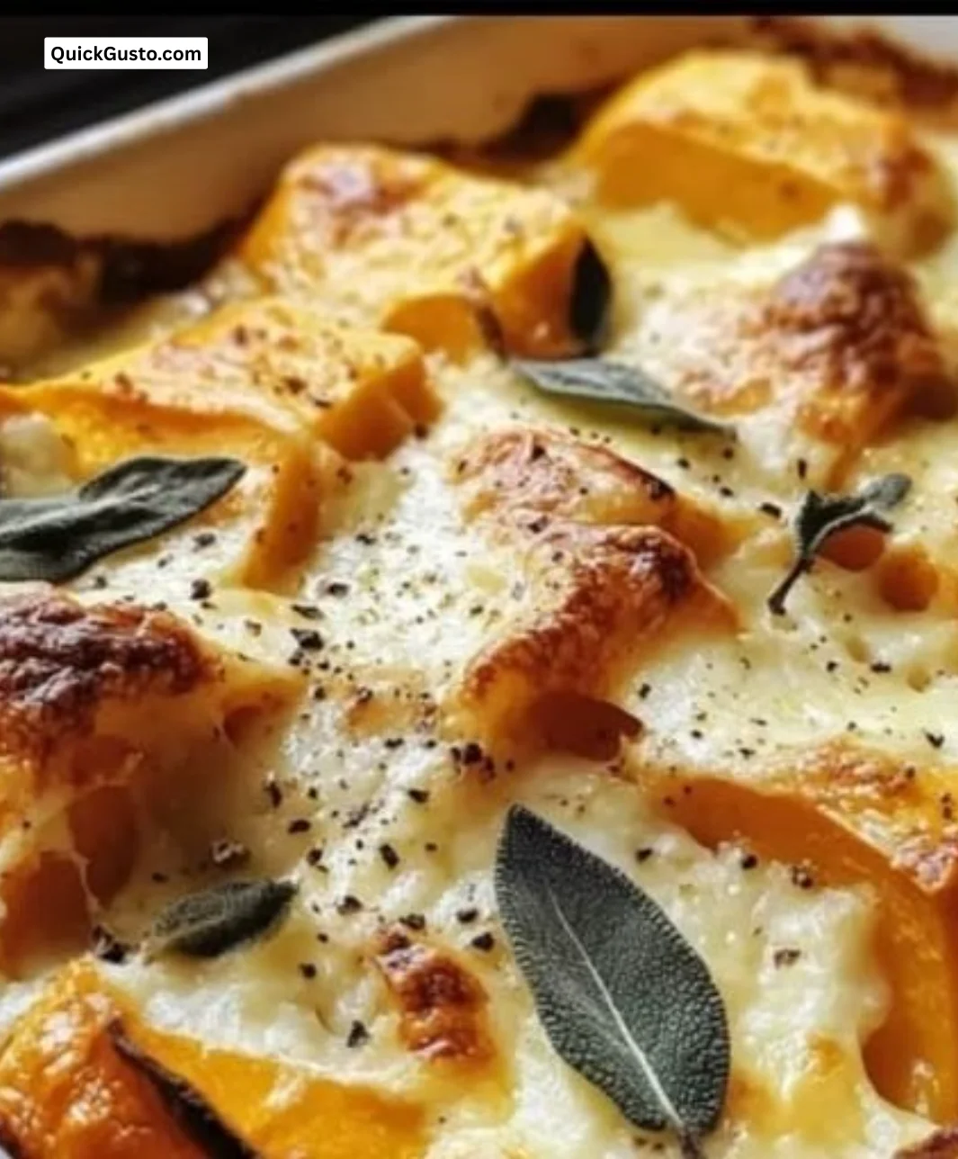 Golden Roasted Pumpkin, Ricotta, and Sage Bake ready to be served in a cozy setting.