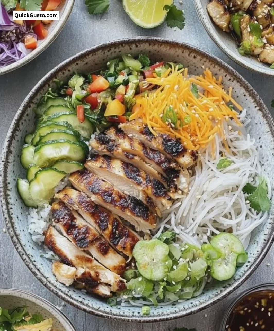 Grilled chicken spring roll bowls with fresh vegetables and sauces