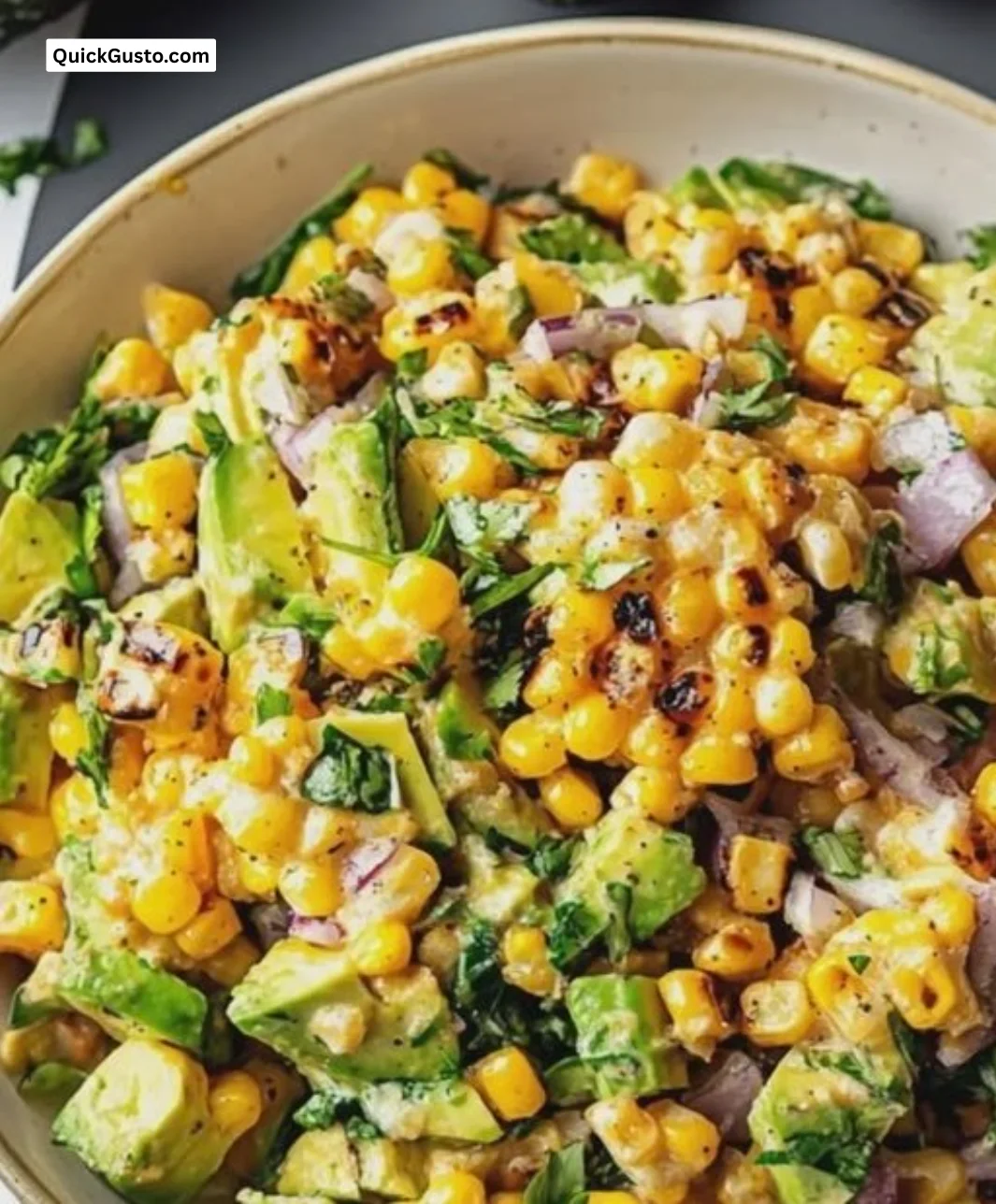 Grilled Corn Avocado Salad with sweet corn, avocado, and citrus dressing