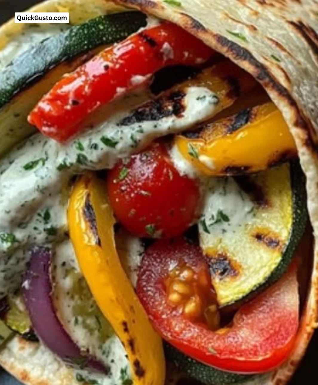 Grilled Mediterranean veggie wrap with zesty herb sauce on a plate