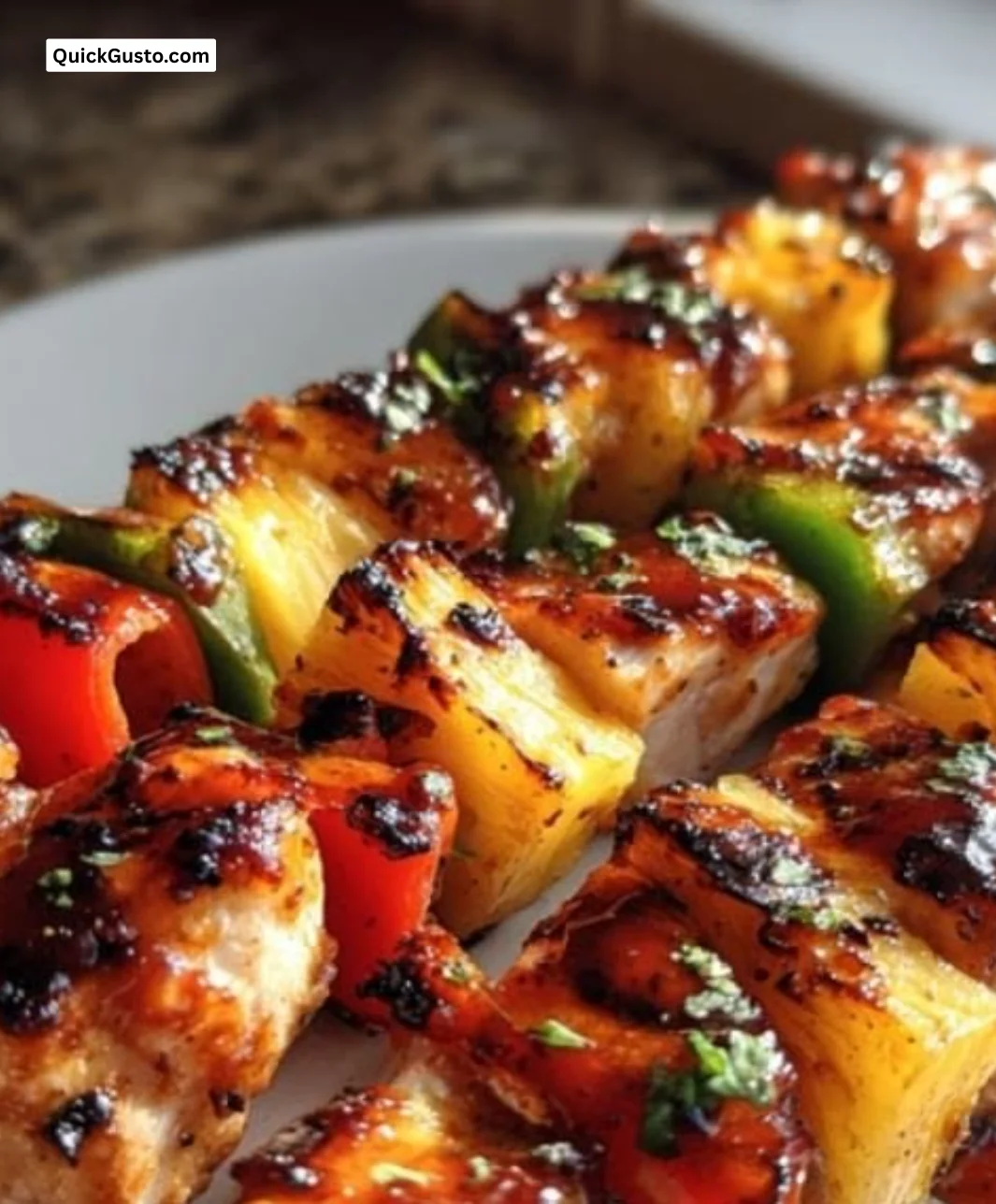 Grilled pineapple chicken kabobs with colorful bell peppers and onions