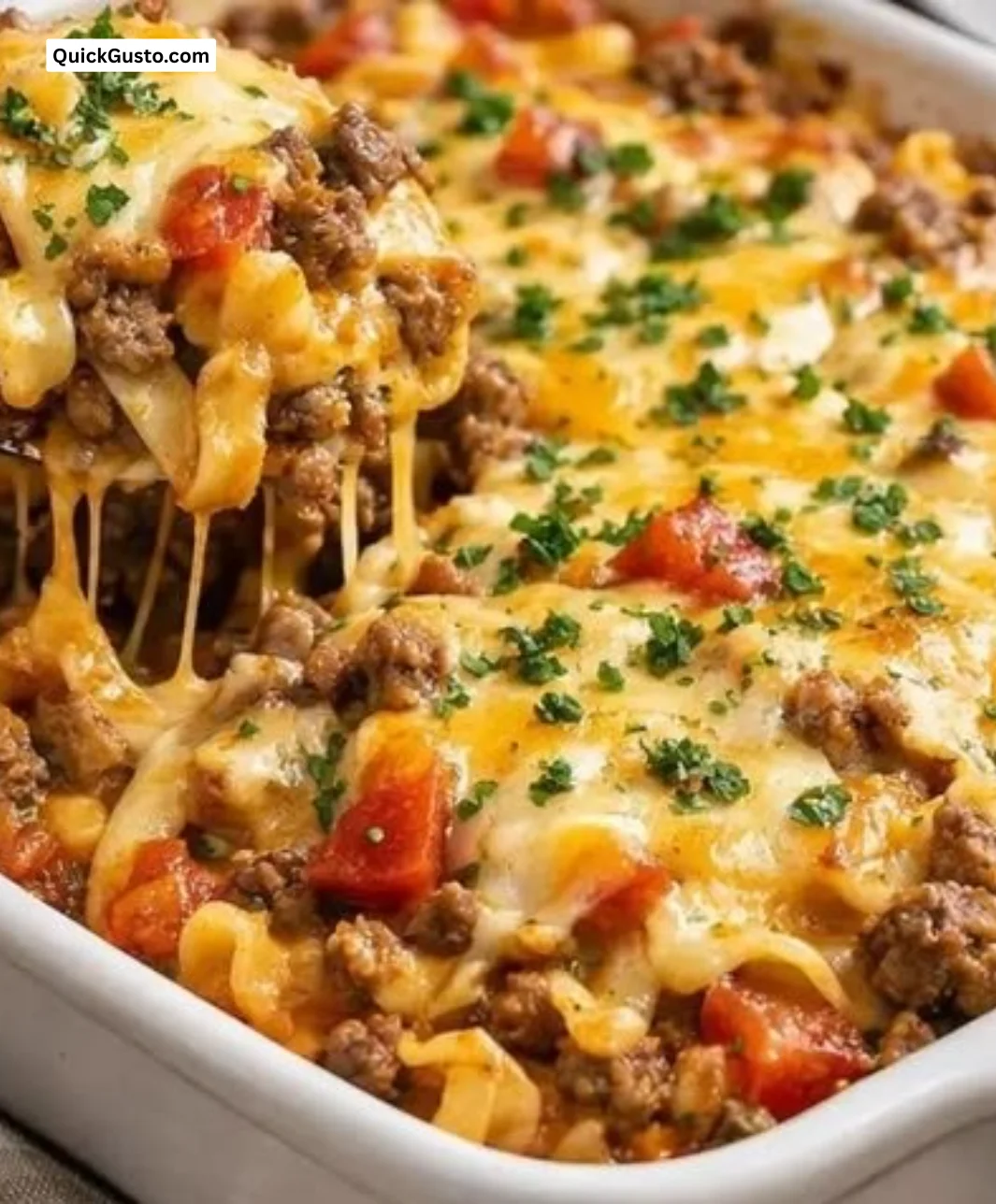 Delicious Hamburger Noodle Casserole served in a baking dish.