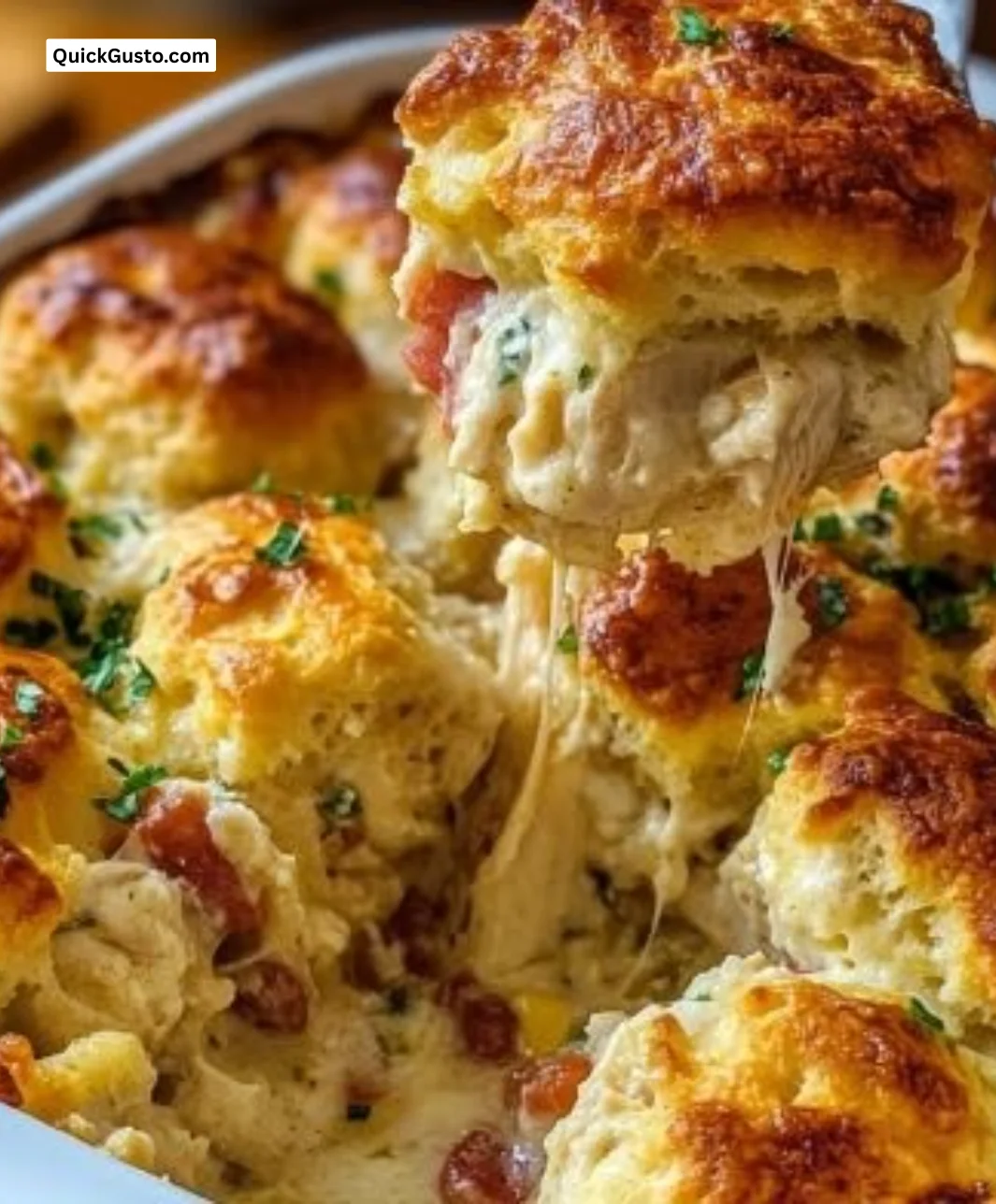 Hearty chicken biscuit bake casserole served in a cozy setting