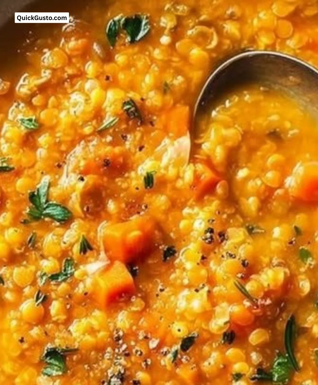 Bowl of hearty anti-inflammatory lentil soup served with fresh herbs.