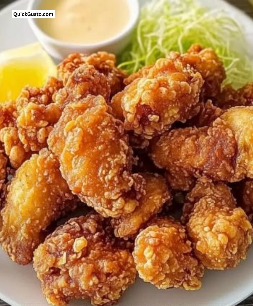 Plate of irresistibly crispy karaage fried chicken with dipping sauce