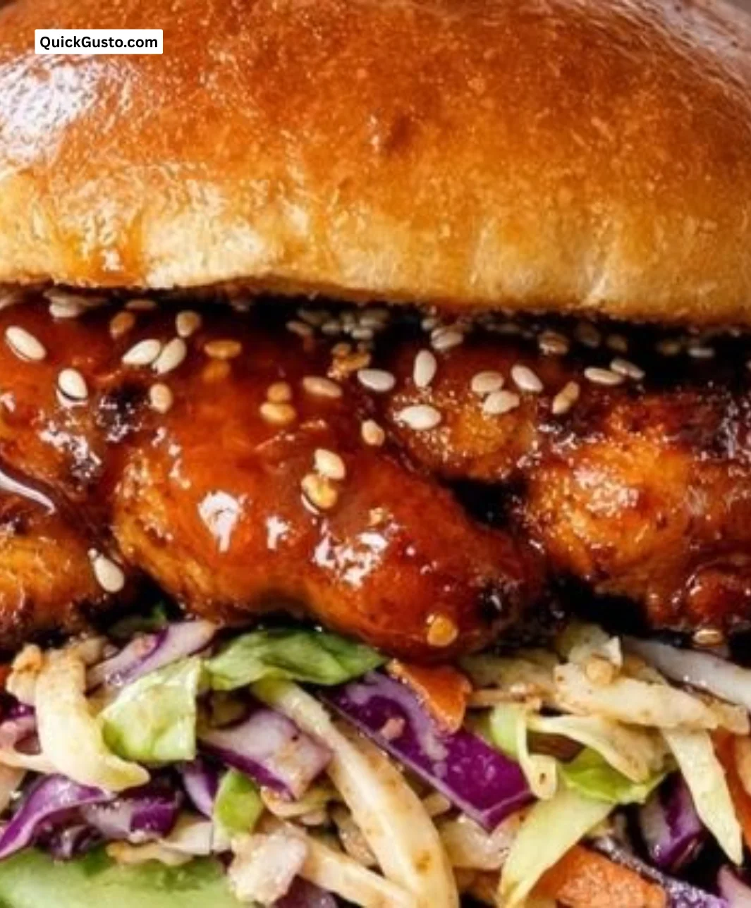 Delicious Korean BBQ Chicken Sandwich topped with fresh cabbage slaw