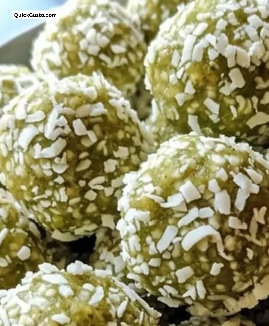 Matcha Coconut Energy Crunch Bites with green matcha powder and coconut flakes
