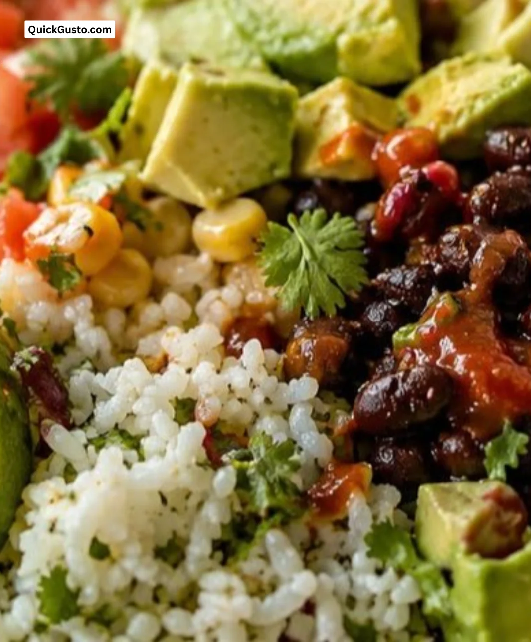 Colorful meatless burrito bowl with fresh vegetables and toppings