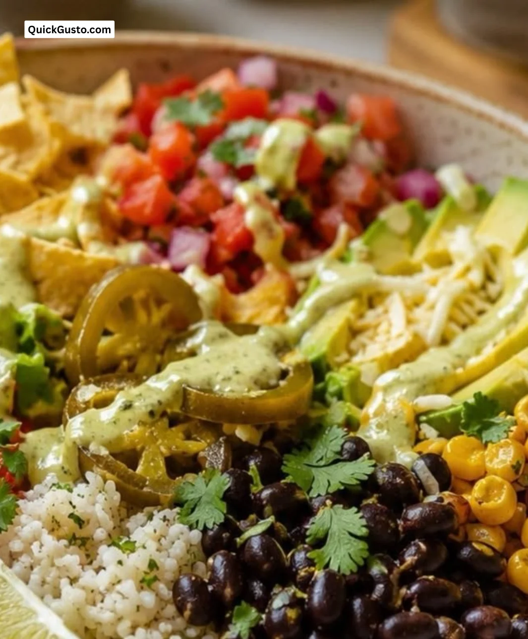Colorful Meatless Burrito Bowl with beans, vegetables, and toppings