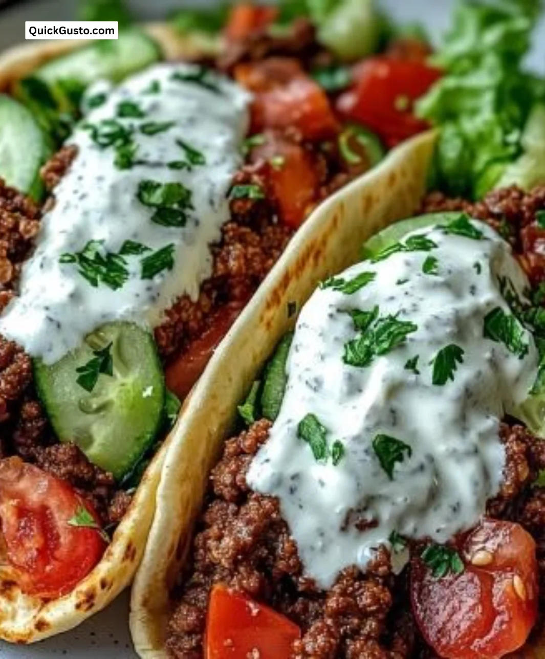 Mediterranean beef pita wraps topped with garlic yogurt sauce