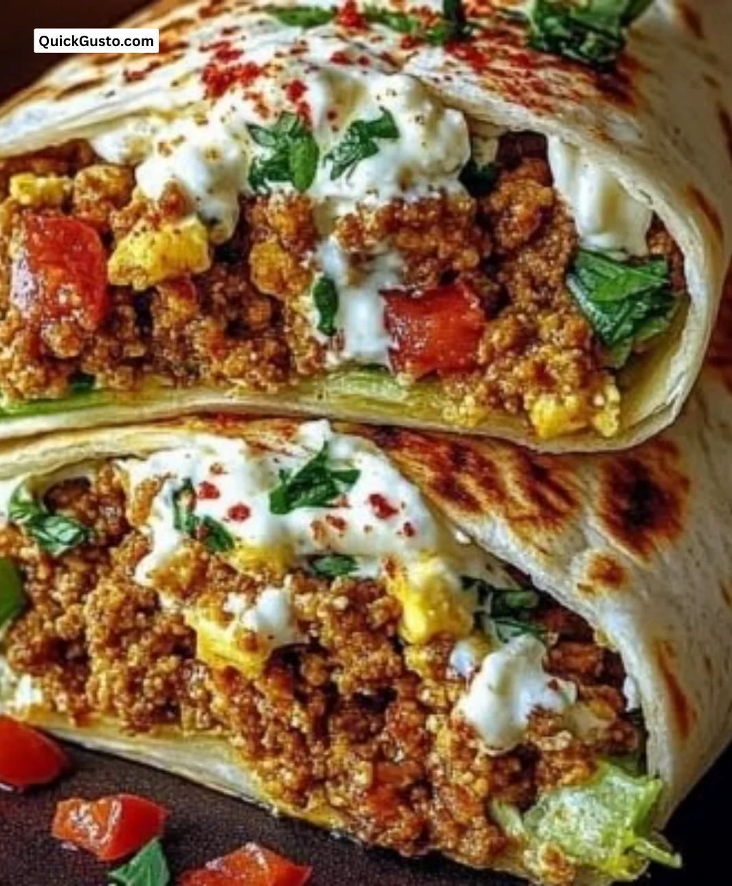 Mediterranean Ground Chicken Wrap with hot honey feta cream