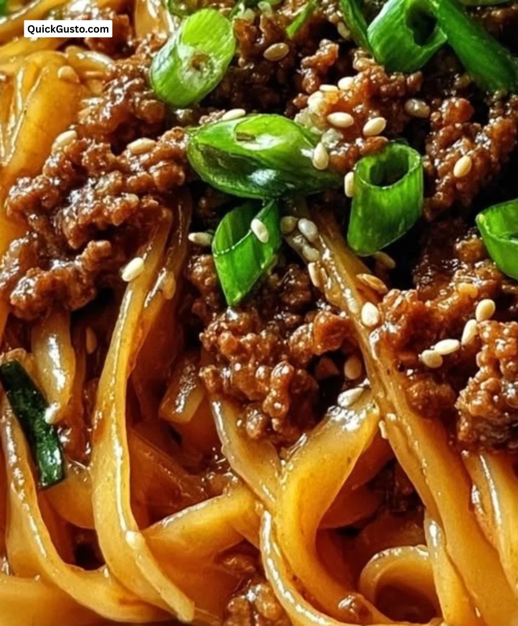 Delicious plate of Mongolian Ground Beef Noodles garnished with green onions.