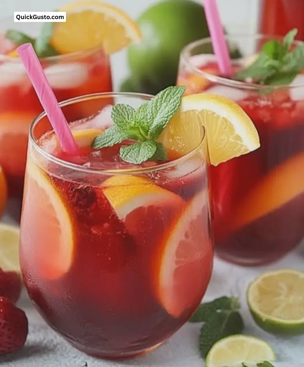 Refreshing non-alcoholic sangria punch in a vibrant glass with fruits.
