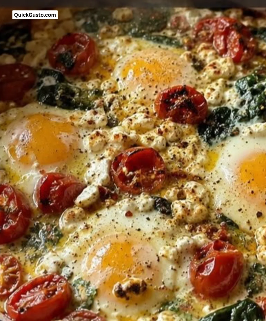 One pan of Mediterranean baked feta eggs with tomatoes and olives.