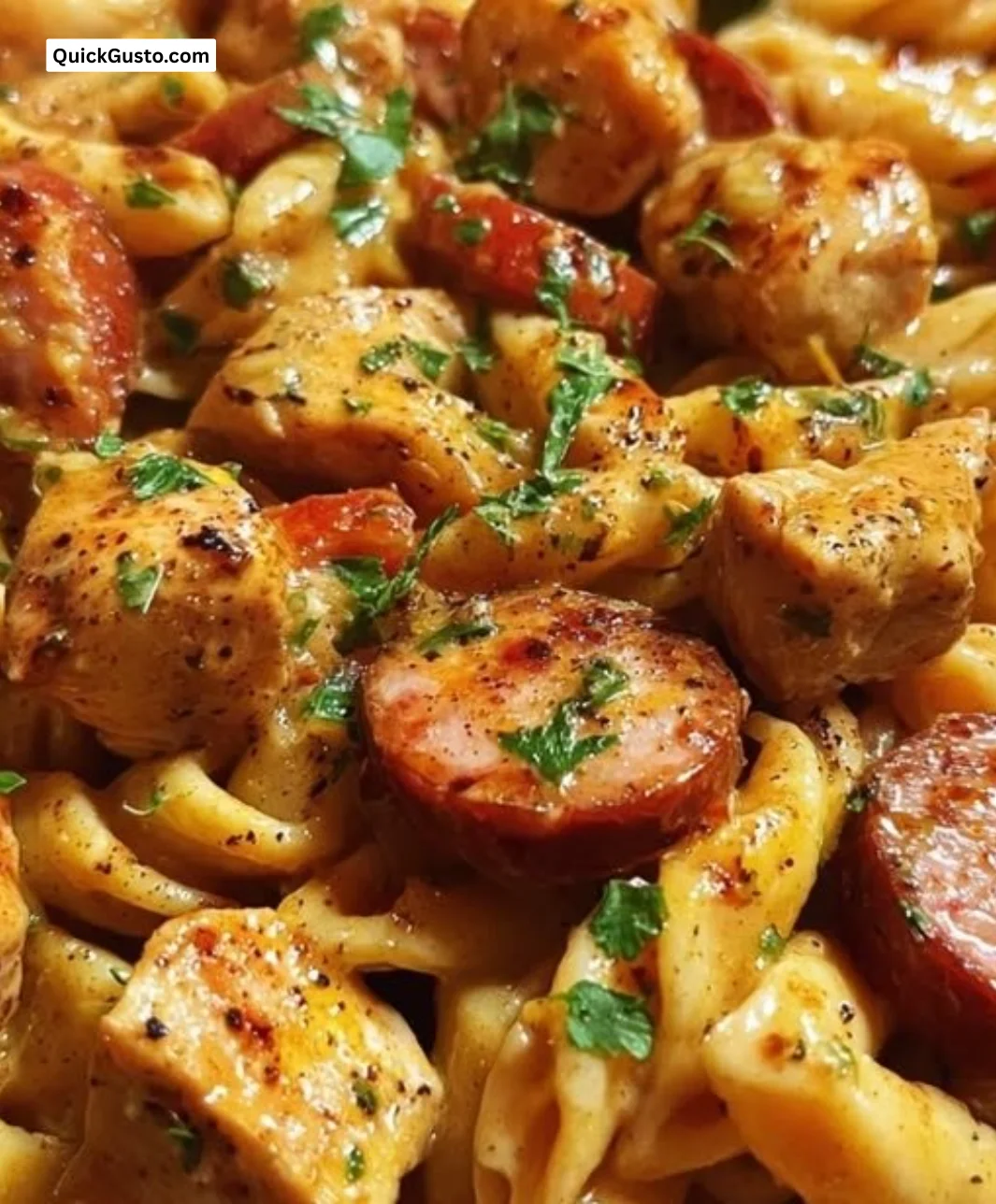 One-pot Cajun chicken and smoked sausage pasta dish on a plate