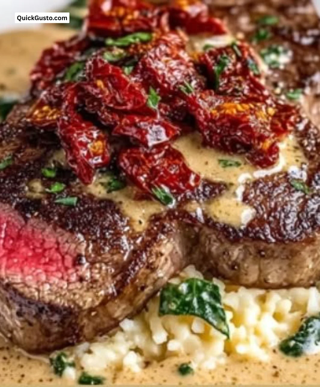 Pan-seared steak served in a creamy Tuscan sauce for a cozy dinner.