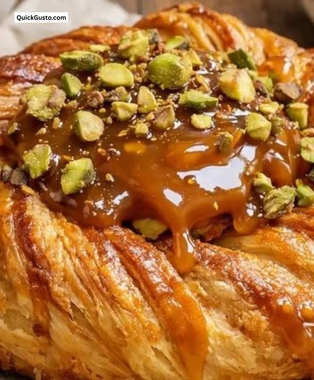 Delicious Pistachio Caramel Danish Pastry with nuts and caramel glaze